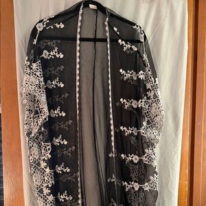 Black Sheer Kimono with White Floral Embroidery